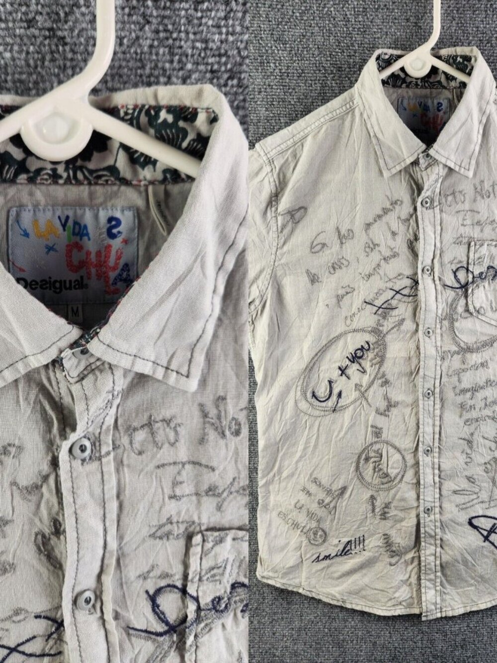 Desigual Men Medium Regular Gray Embroidered Design Short Sleeve Button Up Shirt